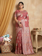 Anaita Peach Linen Woven Work Saree With Blouse | Grocsy