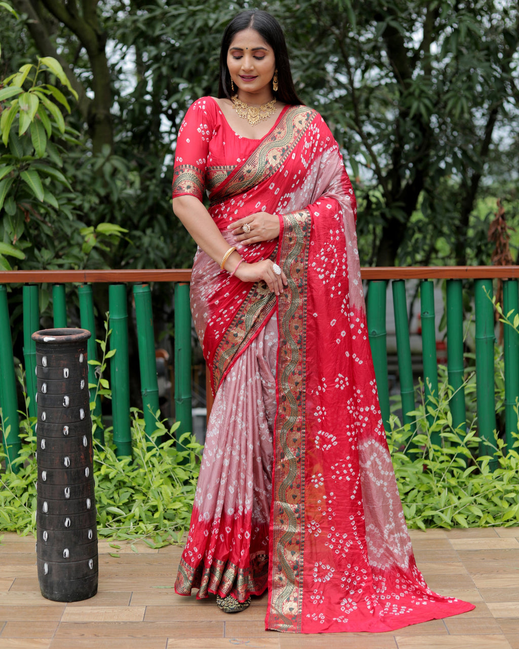 Lorenvalley Premium Pure Bandhej Tapeta Soft light weight silk saree with zari weaving Border - Multicolor | Grocsy