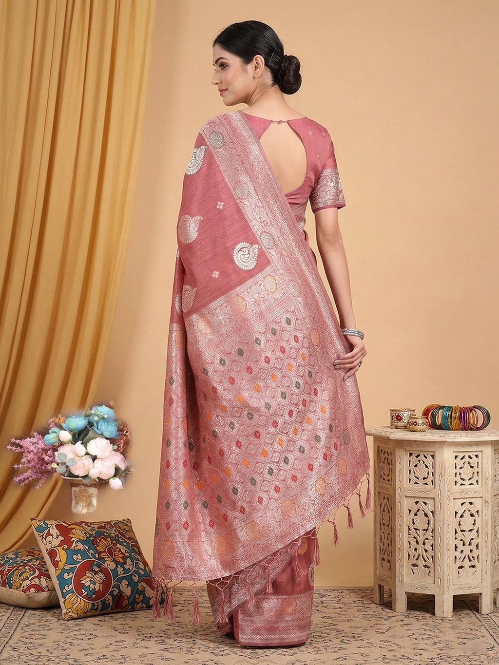 Anaita Peach Linen Woven Work Saree With Blouse | Grocsy