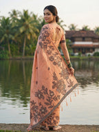 Anaita Peach Linen Printed Saree With Blouse | Grocsy