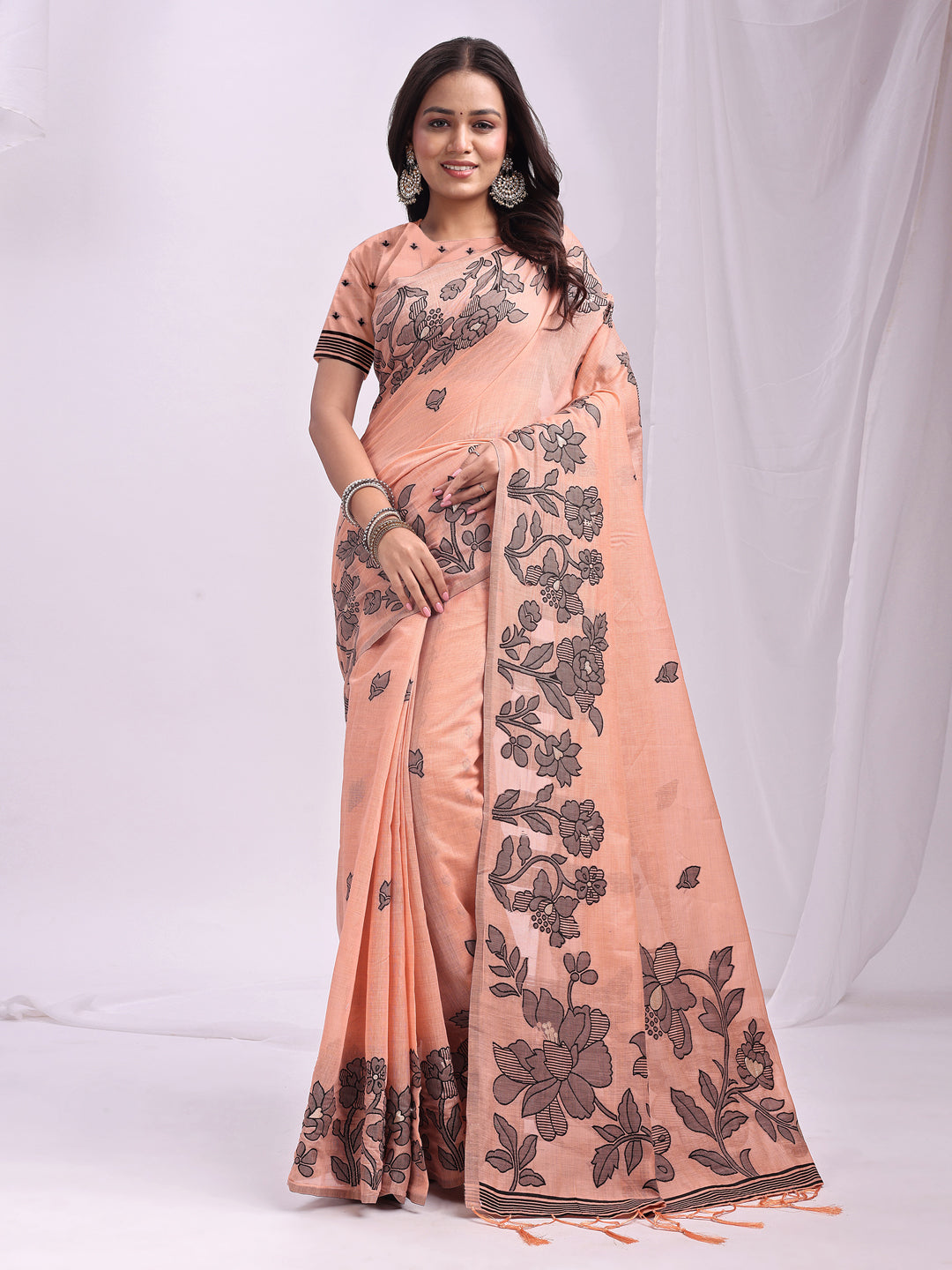 Anaita Peach Linen Printed Saree With Blouse | Grocsy