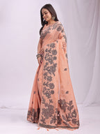 Anaita Peach Linen Printed Saree With Blouse | Grocsy