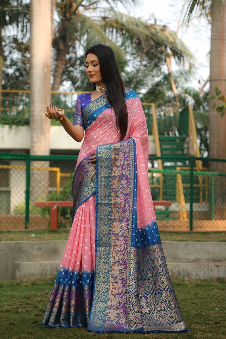 Anaita Peach Woven Design Pure Bandhej Kanjivaram Soft Silk Saree | Grocsy