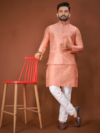 Anaita Peach Jacquard Silk Straight Kurta With Koti & Pajama | Grocsy
