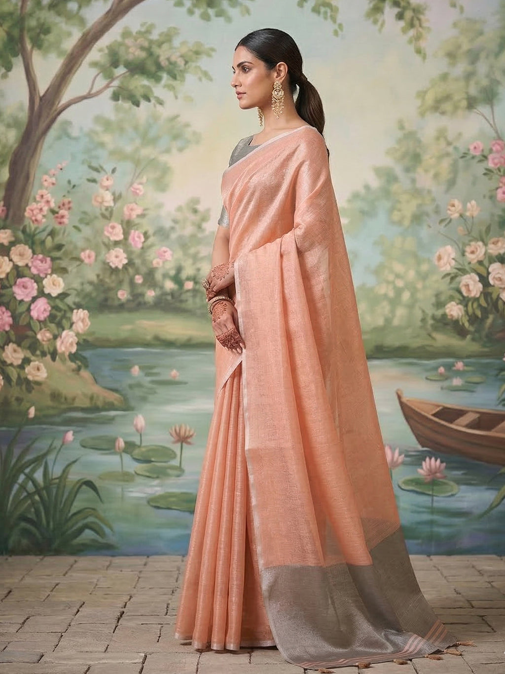 Anaita Peach Tissue Saree With Blouse | Grocsy