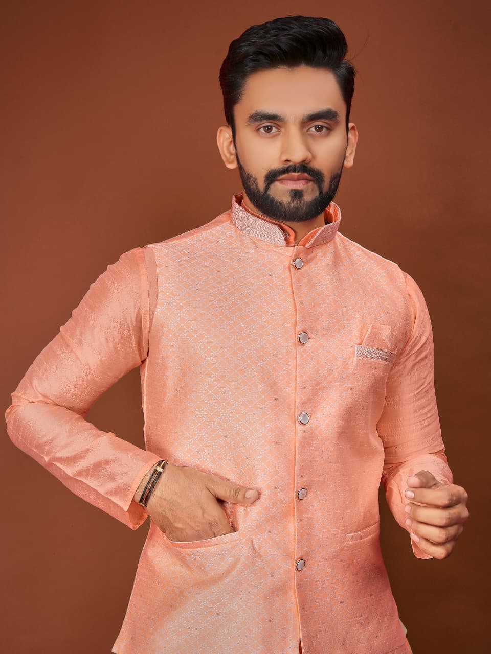 Anaita Peach Jacquard Silk Straight Kurta With Koti & Pajama | Grocsy