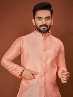 Anaita Peach Jacquard Silk Straight Kurta With Koti & Pajama | Grocsy