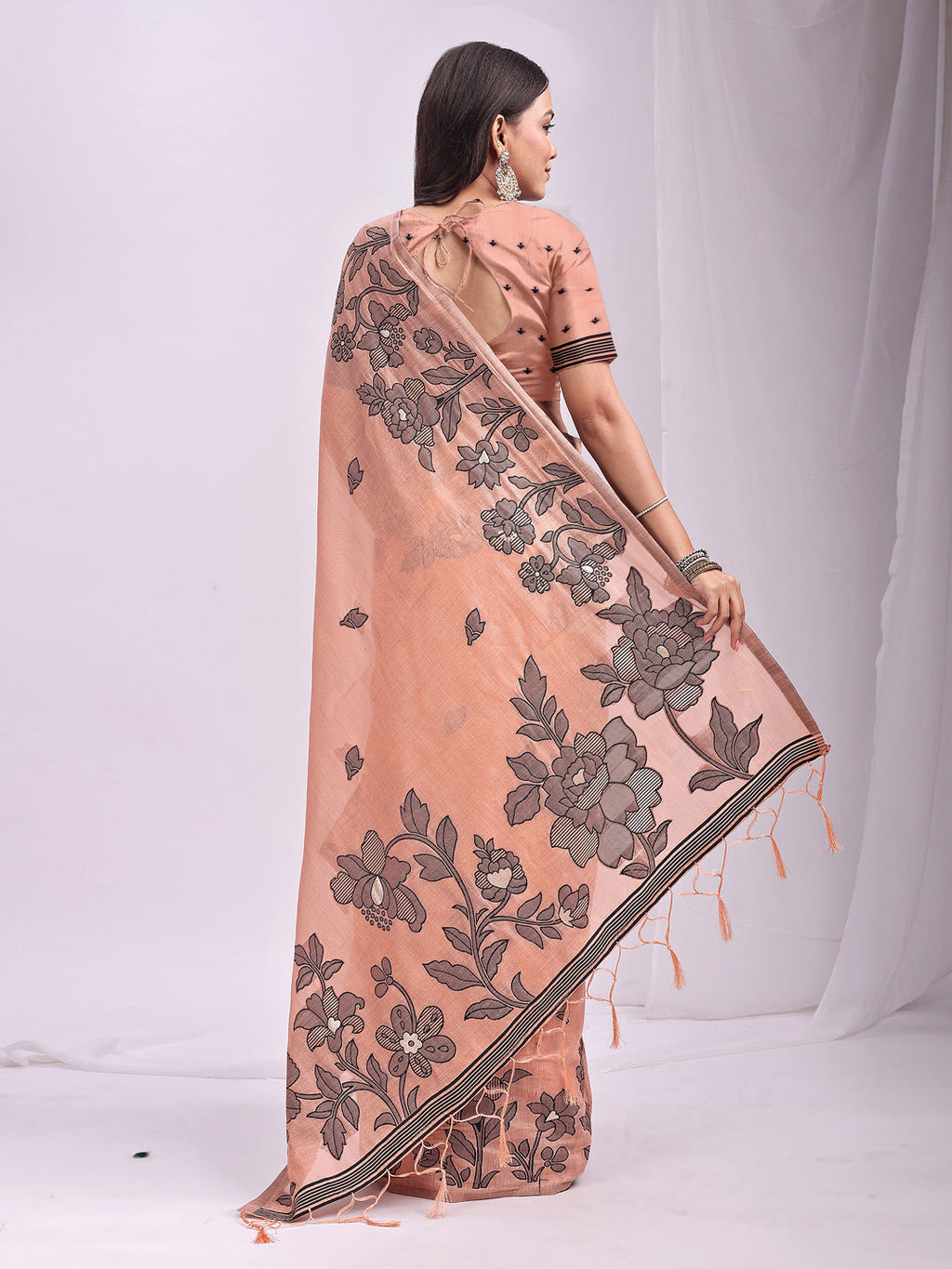 Anaita Peach Linen Printed Saree With Blouse | Grocsy