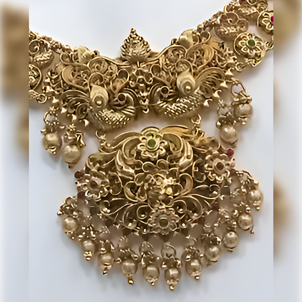 Jewel City Antique Gold-Plated Peacock Design Traditional Temple Choker Pearl Drops & Jhumka Earrings Necklace Jewelry Set | Grocsy