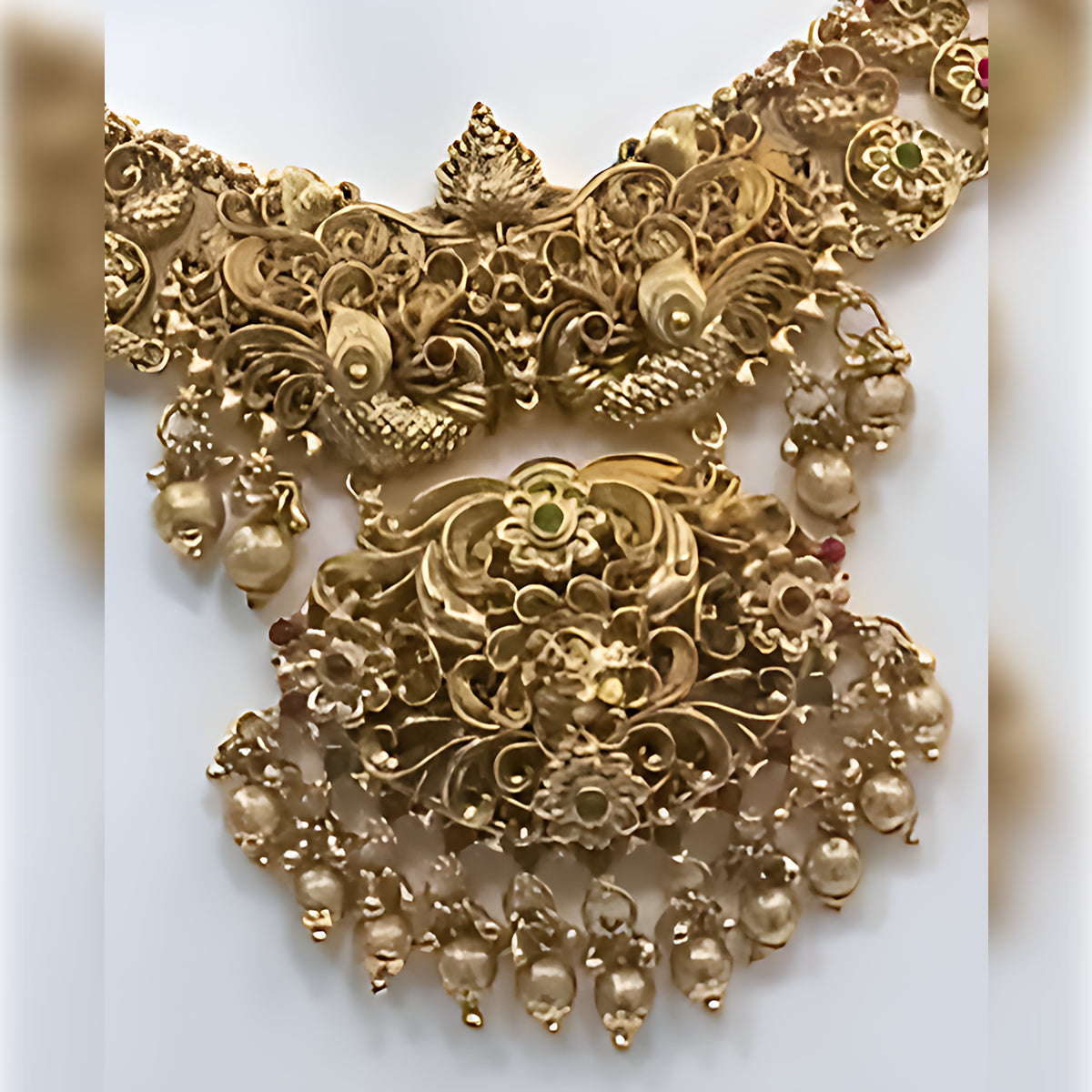 Jewel City Antique Gold-Plated Peacock Design Traditional Temple Choker Pearl Drops & Jhumka Earrings Necklace Jewelry Set | Grocsy