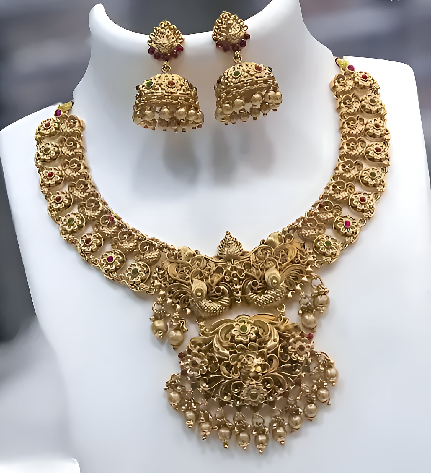 Jewel City Antique Gold-Plated Peacock Design Traditional Temple Choker Pearl Drops & Jhumka Earrings Necklace Jewelry Set | Grocsy