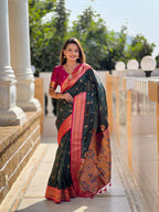 Vedant Vastram Soft Litchi Silk Paithani Jacquard Saree - Green | Grocsy