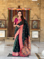 Vedant Vastram Soft Litchi Silk Paithani Jacquard Saree - Green | Grocsy