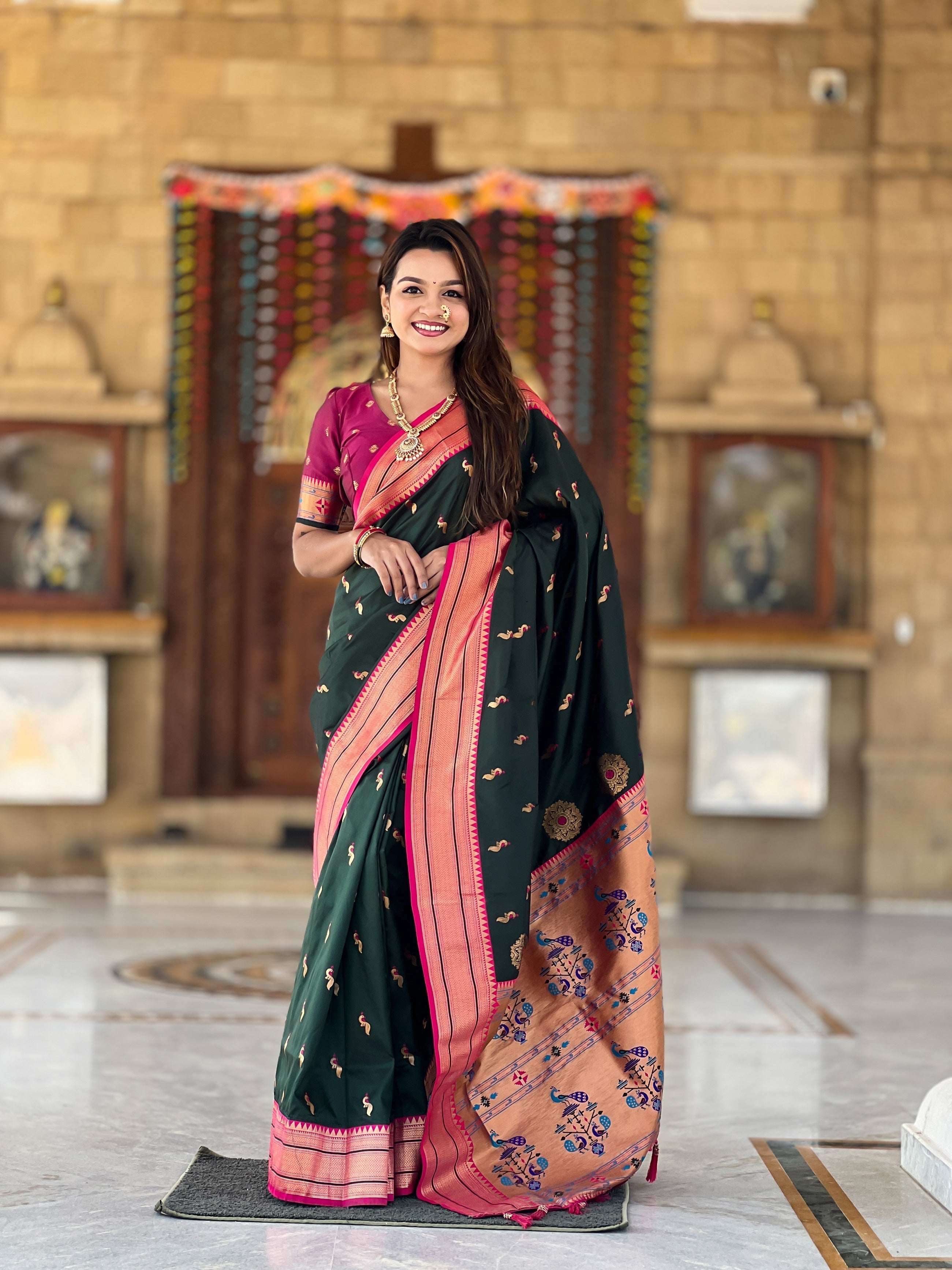 Vedant Vastram Soft Litchi Silk Paithani Jacquard Saree - Green | Grocsy