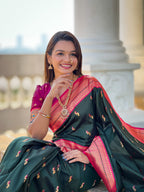 Vedant Vastram Soft Litchi Silk Paithani Jacquard Saree - Green | Grocsy