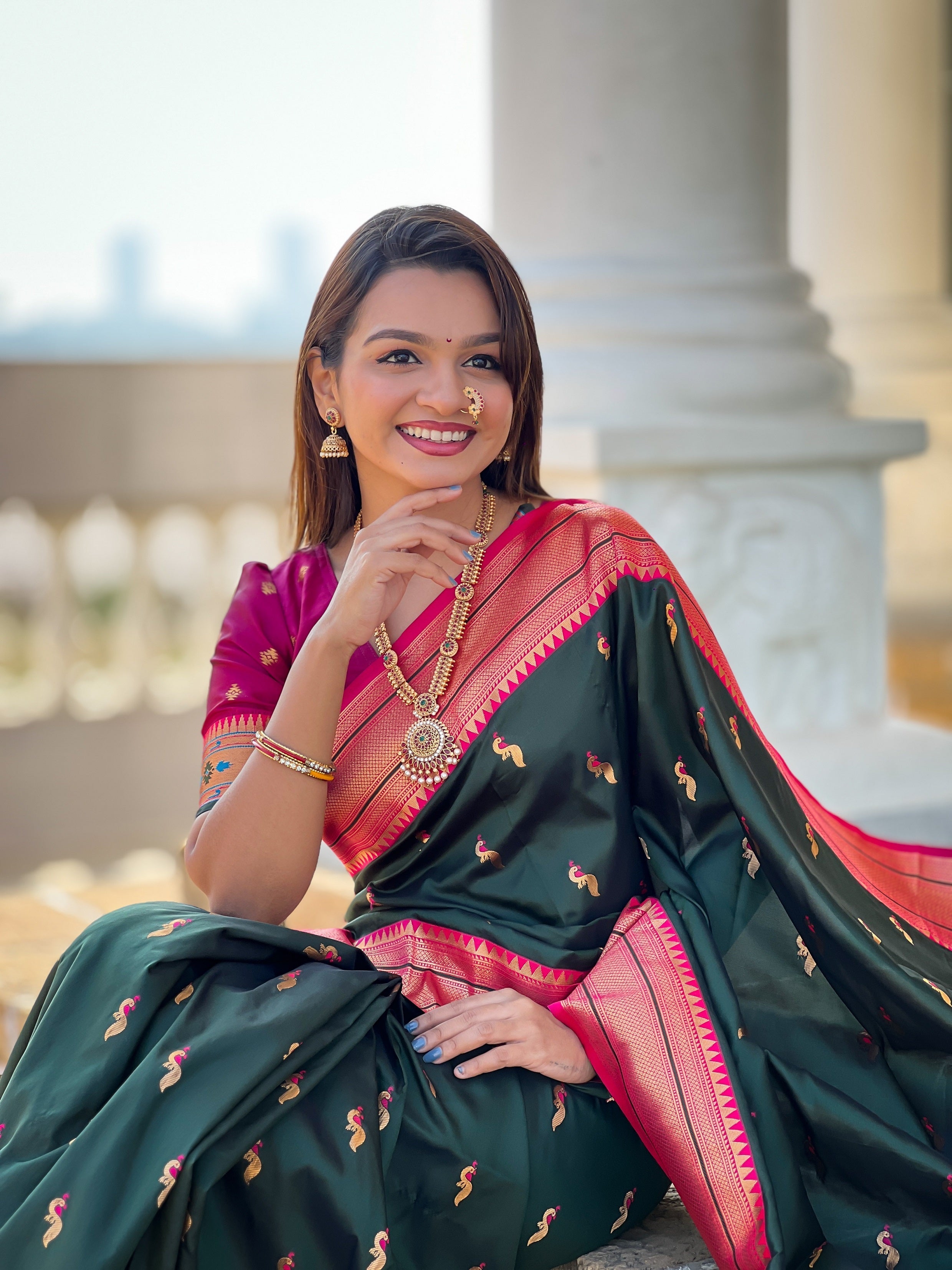 Vedant Vastram Soft Litchi Silk Paithani Jacquard Saree - Green | Grocsy