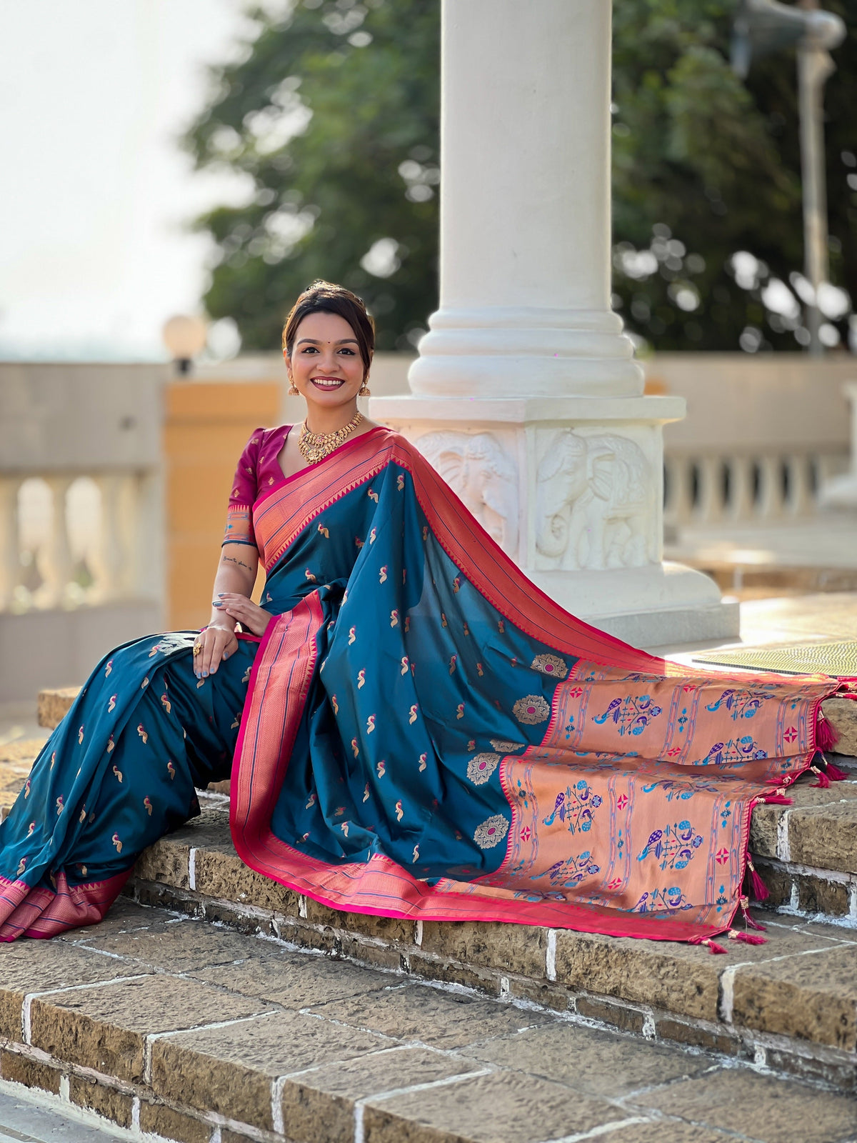 Vedant Vastram Soft Litchi Silk Paithani Jacquard Saree - Morpich | Grocsy
