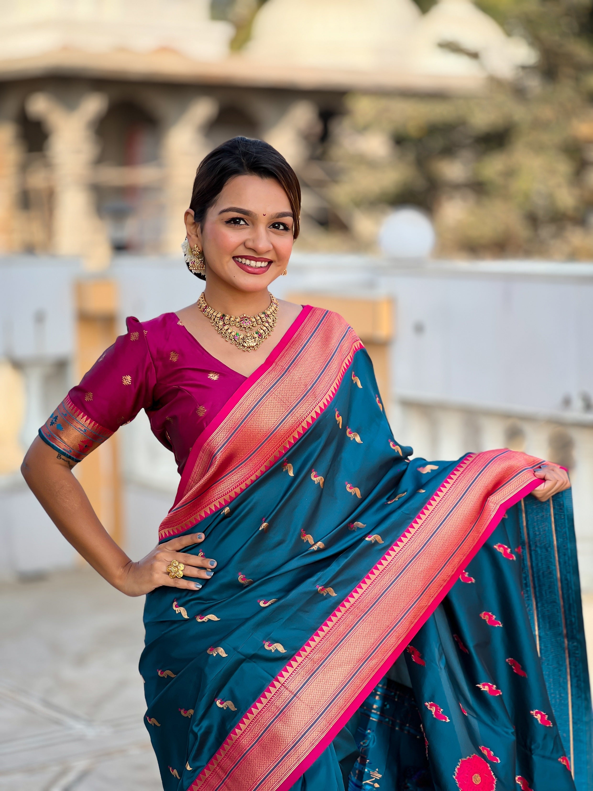 Vedant Vastram Soft Litchi Silk Paithani Jacquard Saree - Morpich | Grocsy