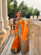 Vedant Vastram Soft Litchi Silk Paithani Jacquard Saree - Orange | Grocsy