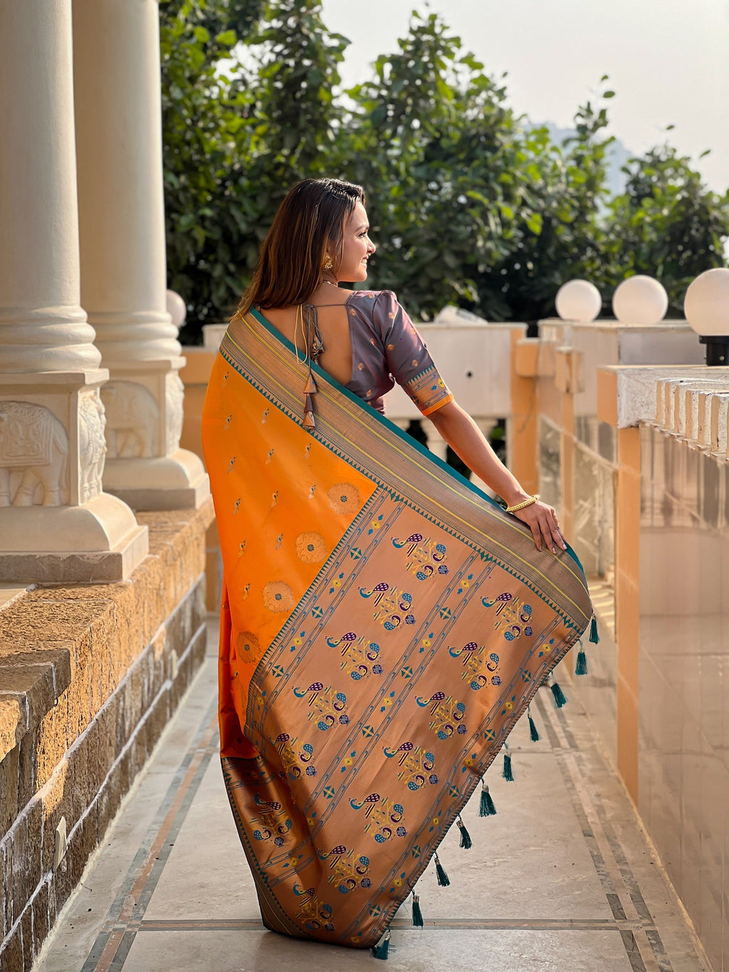 Vedant Vastram Soft Litchi Silk Paithani Jacquard Saree - Orange | Grocsy