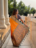 Vedant Vastram Soft Litchi Silk Paithani Jacquard Saree - Orange | Grocsy