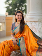 Vedant Vastram Soft Litchi Silk Paithani Jacquard Saree - Orange | Grocsy