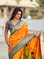Vedant Vastram Soft Litchi Silk Paithani Jacquard Saree - Orange | Grocsy