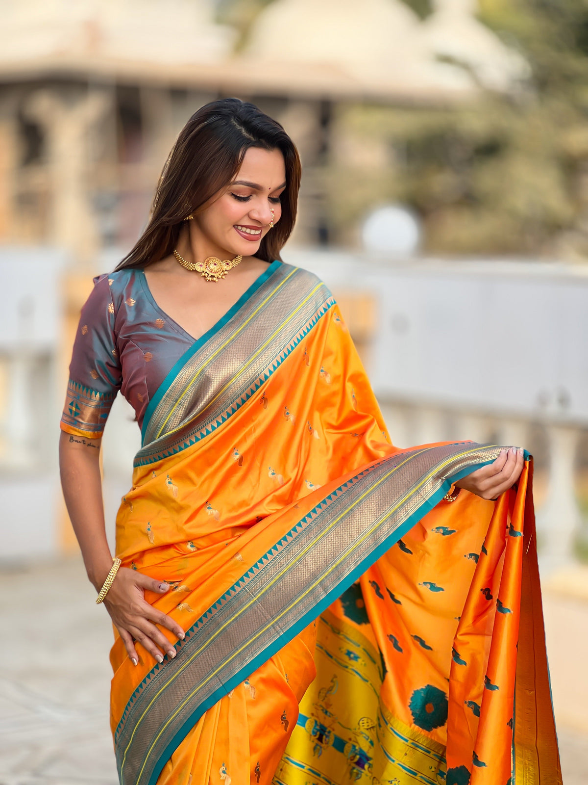 Vedant Vastram Soft Litchi Silk Paithani Jacquard Saree - Orange | Grocsy