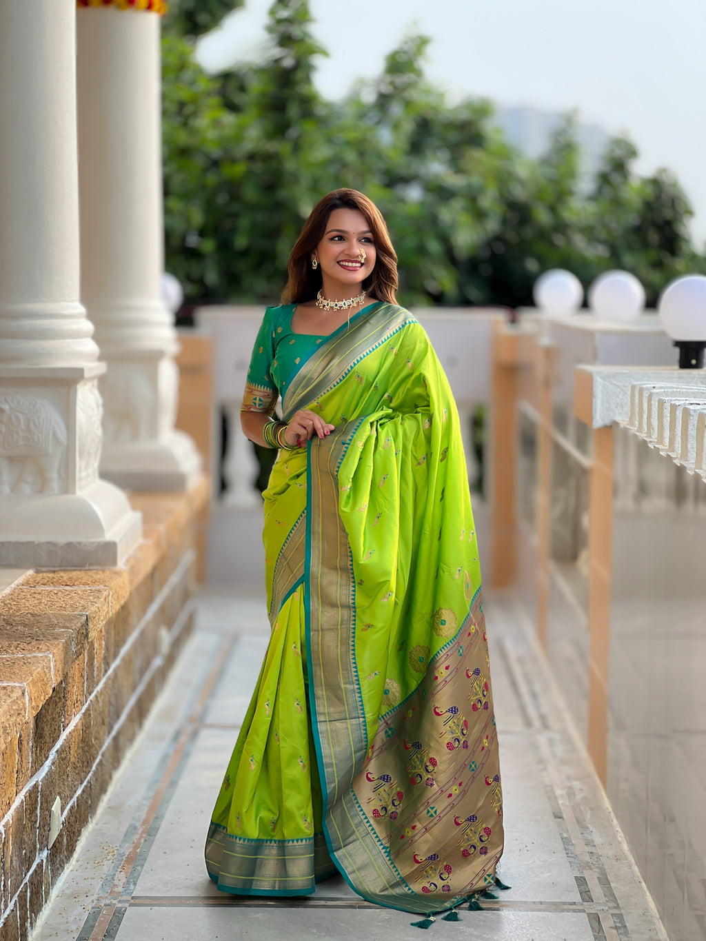 Vedant Vastram Soft Litchi Silk Paithani Jacquard Saree - Parrot | Grocsy