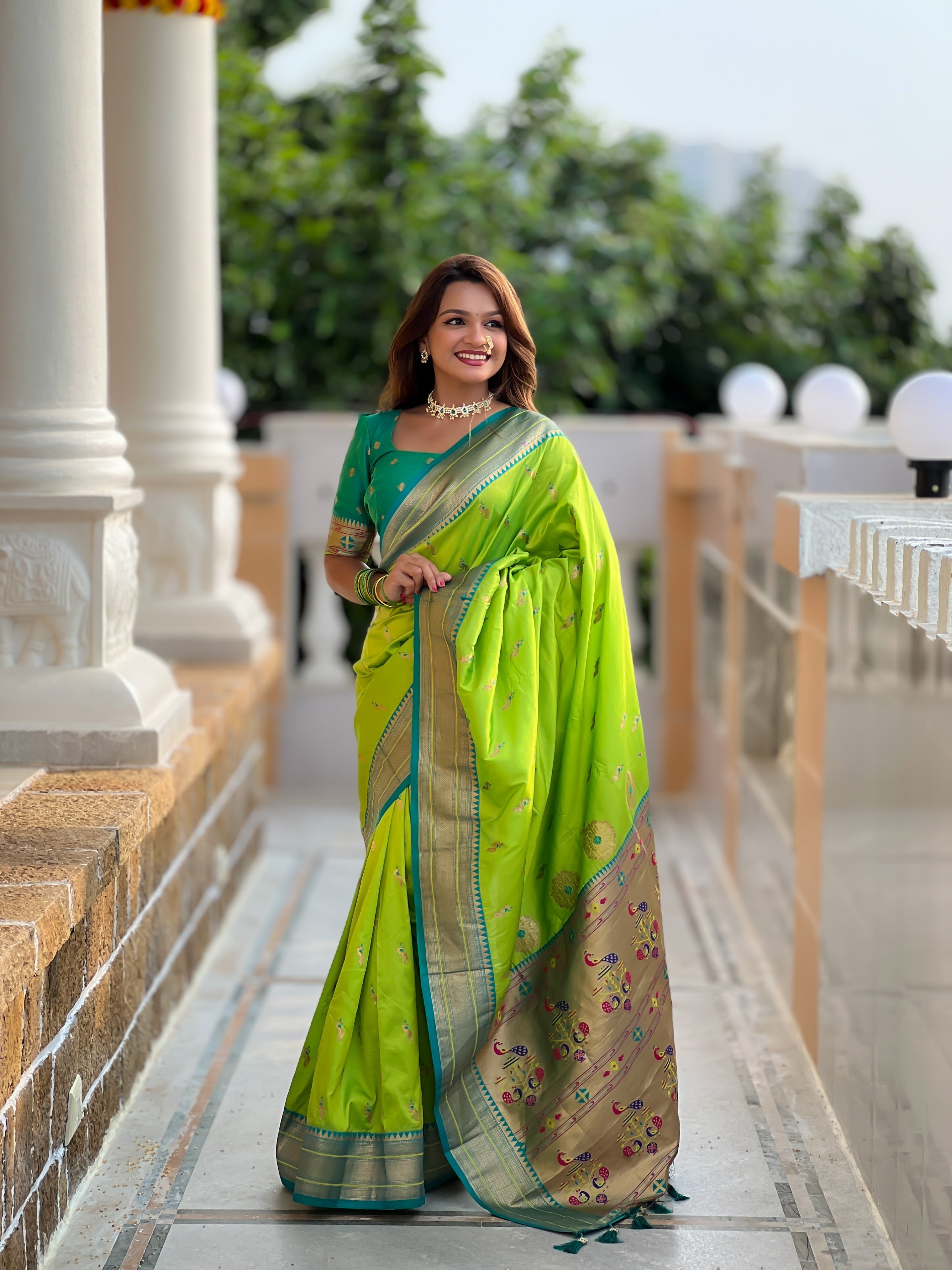 Vedant Vastram Soft Litchi Silk Paithani Jacquard Saree - Parrot | Grocsy