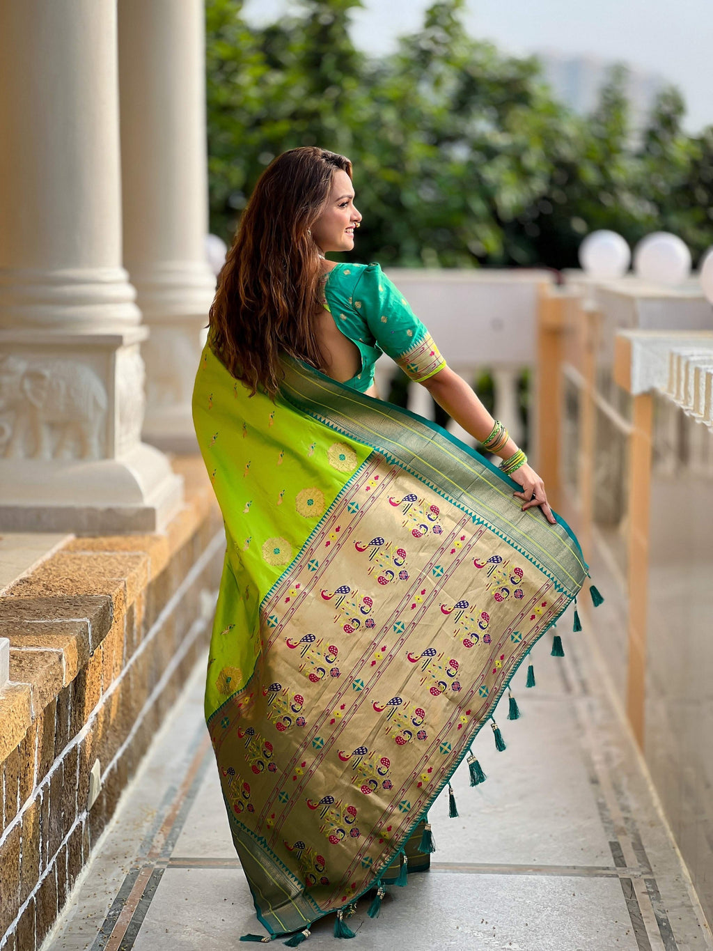 Vedant Vastram Soft Litchi Silk Paithani Jacquard Saree - Parrot | Grocsy