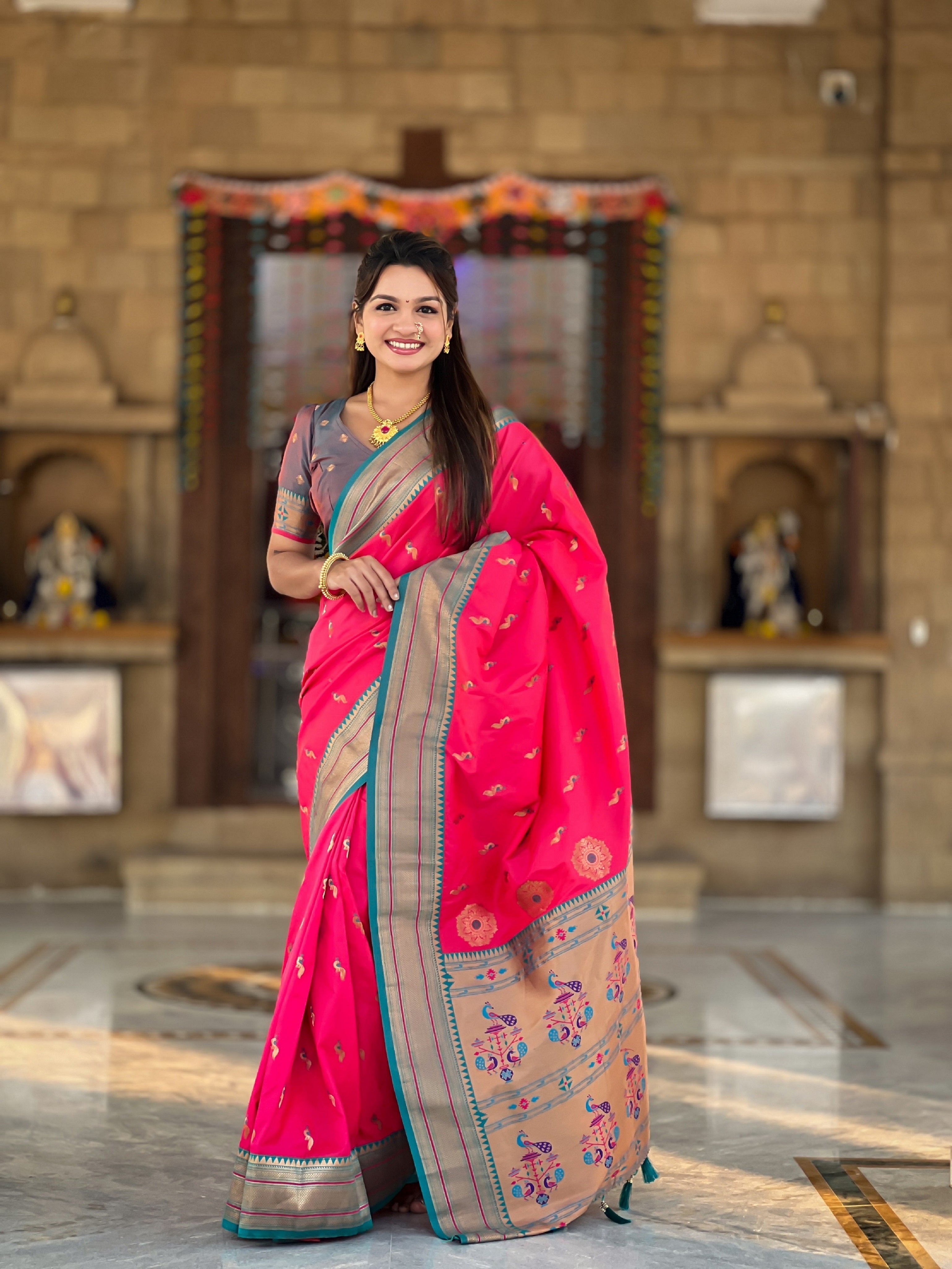 Vedant Vastram Soft Litchi Silk Paithani Jacquard Saree - Pink | Grocsy