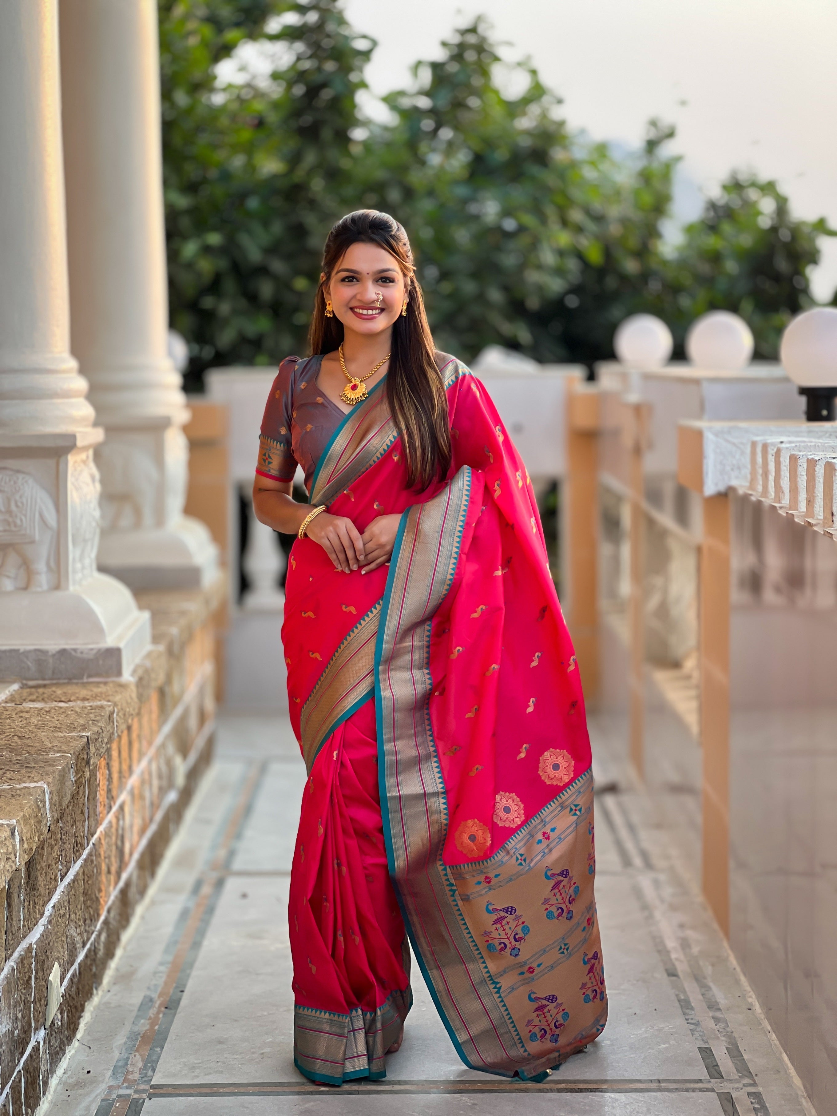 Vedant Vastram Soft Litchi Silk Paithani Jacquard Saree - Pink | Grocsy