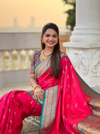 Vedant Vastram Soft Litchi Silk Paithani Jacquard Saree - Pink | Grocsy