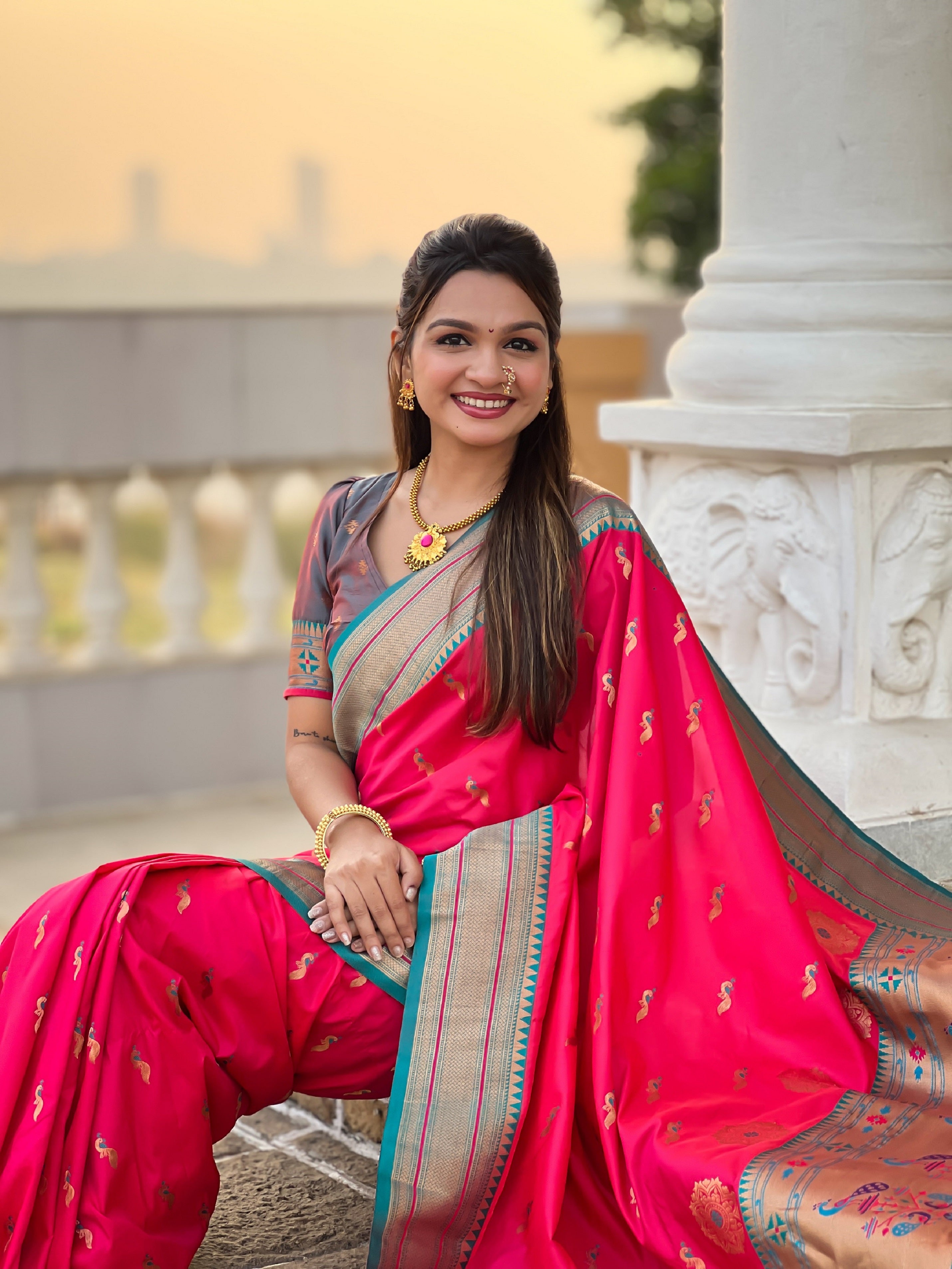 Vedant Vastram Soft Litchi Silk Paithani Jacquard Saree - Pink | Grocsy