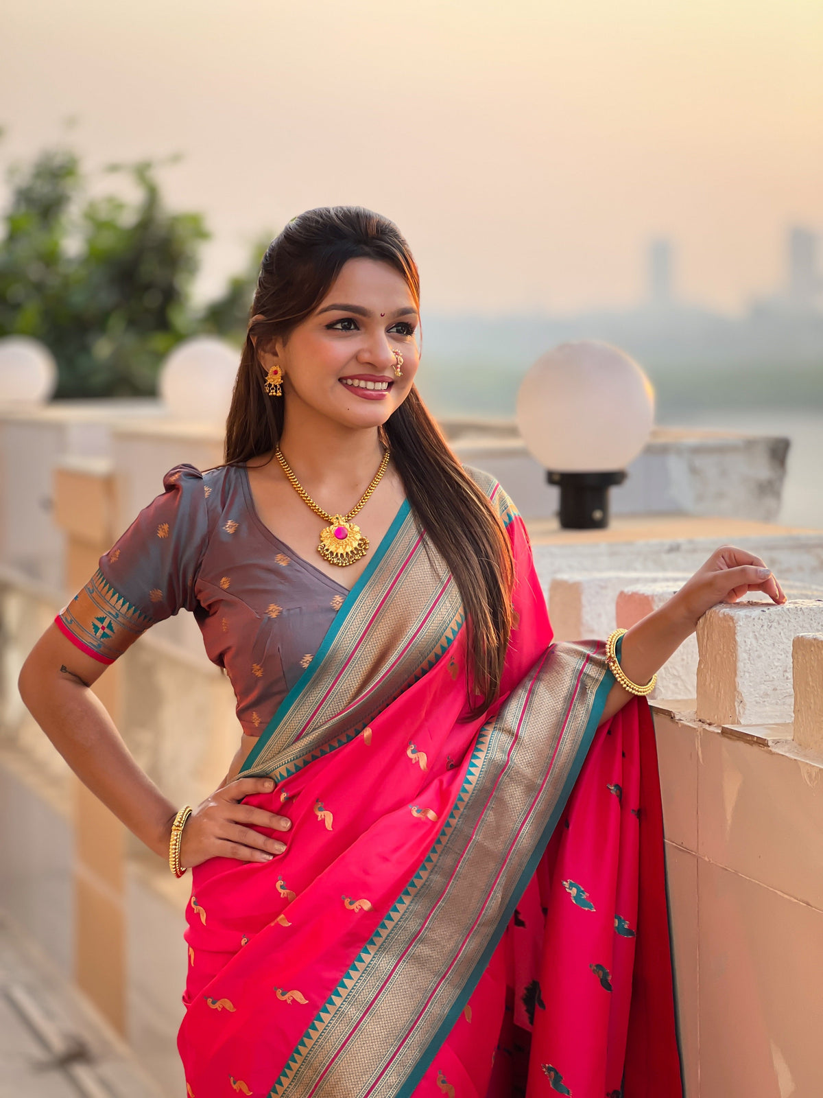 Vedant Vastram Soft Litchi Silk Paithani Jacquard Saree - Pink | Grocsy