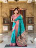 Vedant Vastram Soft Litchi Silk Paithani Jacquard Saree - Rama | Grocsy