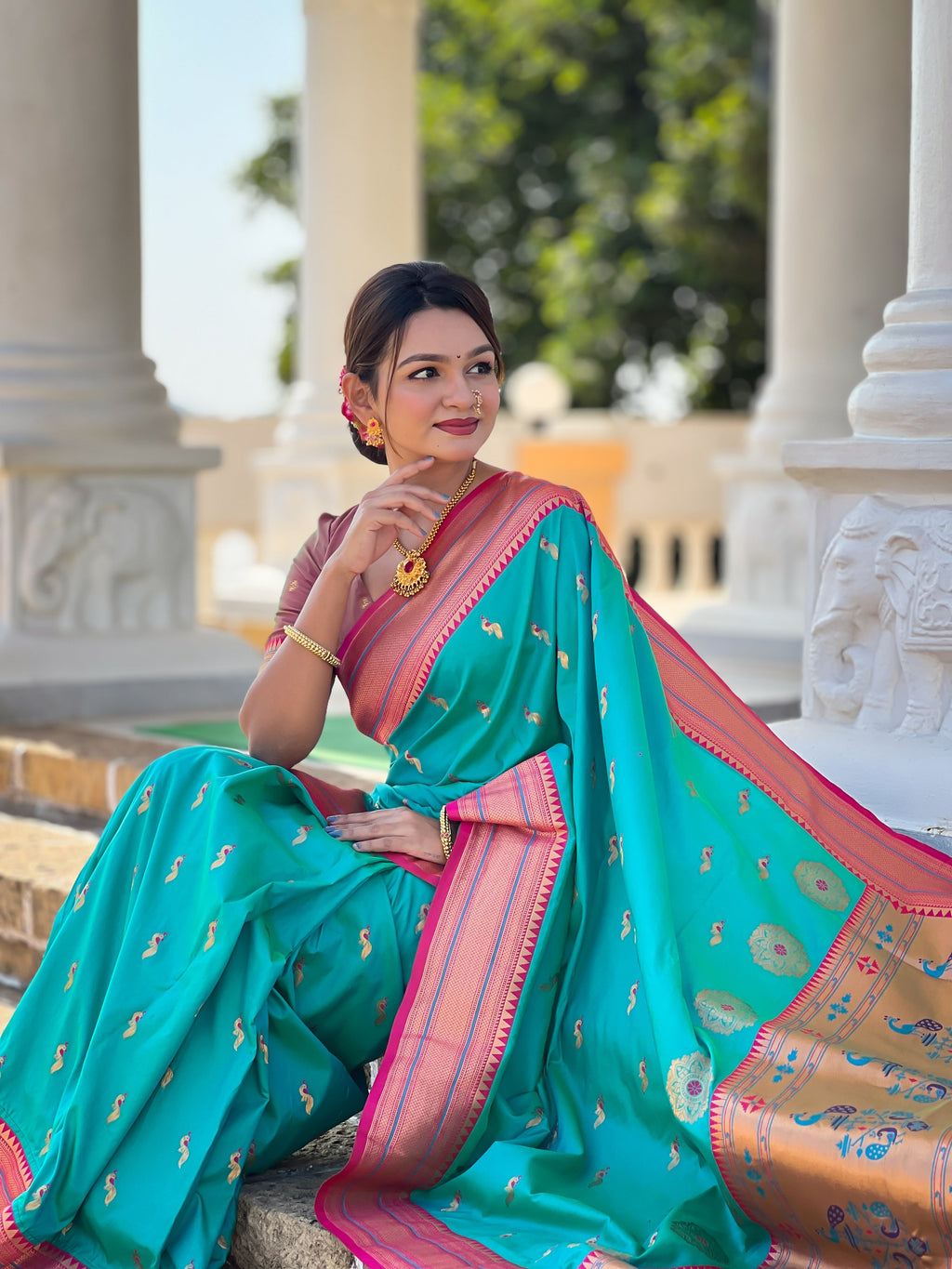 Vedant Vastram Soft Litchi Silk Paithani Jacquard Saree - Rama | Grocsy