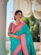 Vedant Vastram Soft Litchi Silk Paithani Jacquard Saree - Rama | Grocsy