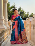 Vedant Vastram Soft Litchi Silk Paithani Jacquard Saree - Skyblue | Grocsy