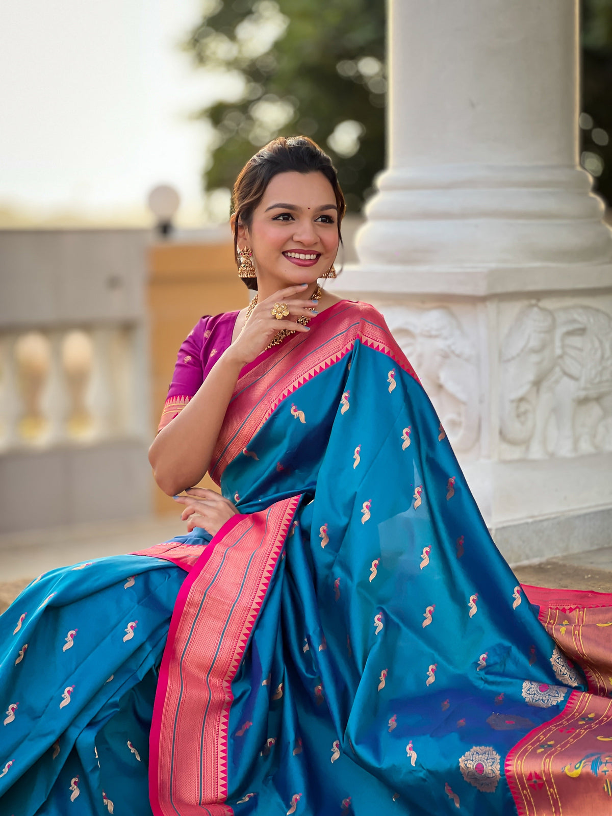Vedant Vastram Soft Litchi Silk Paithani Jacquard Saree - Skyblue | Grocsy