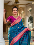 Vedant Vastram Soft Litchi Silk Paithani Jacquard Saree - Skyblue | Grocsy