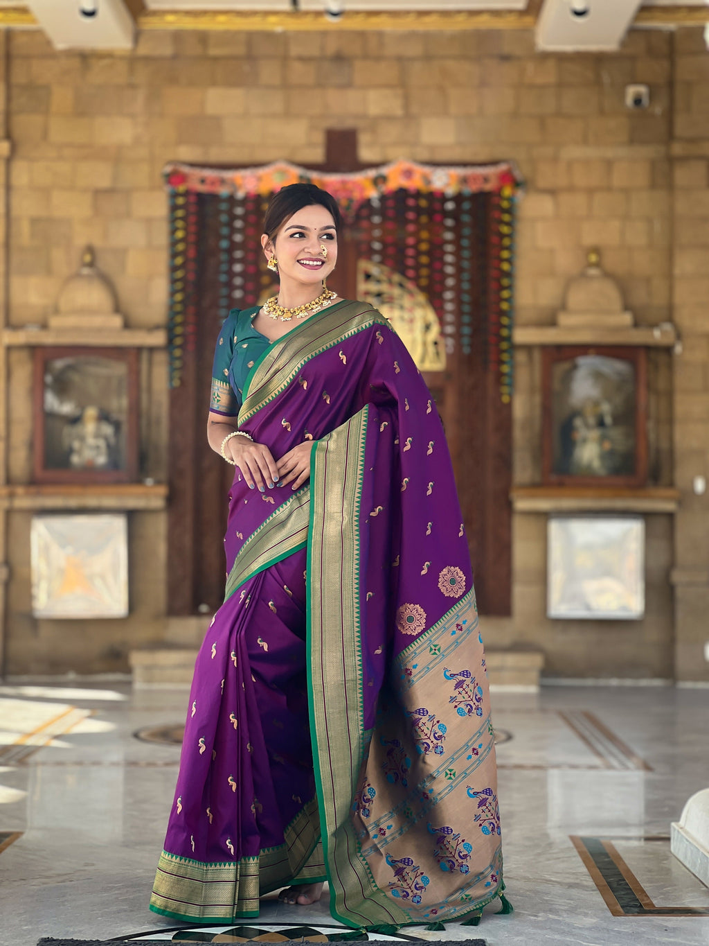 Vedant Vastram Soft Litchi Silk Paithani Jacquard Saree - Wine | Grocsy