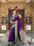 Vedant Vastram Soft Litchi Silk Paithani Jacquard Saree - Wine | Grocsy