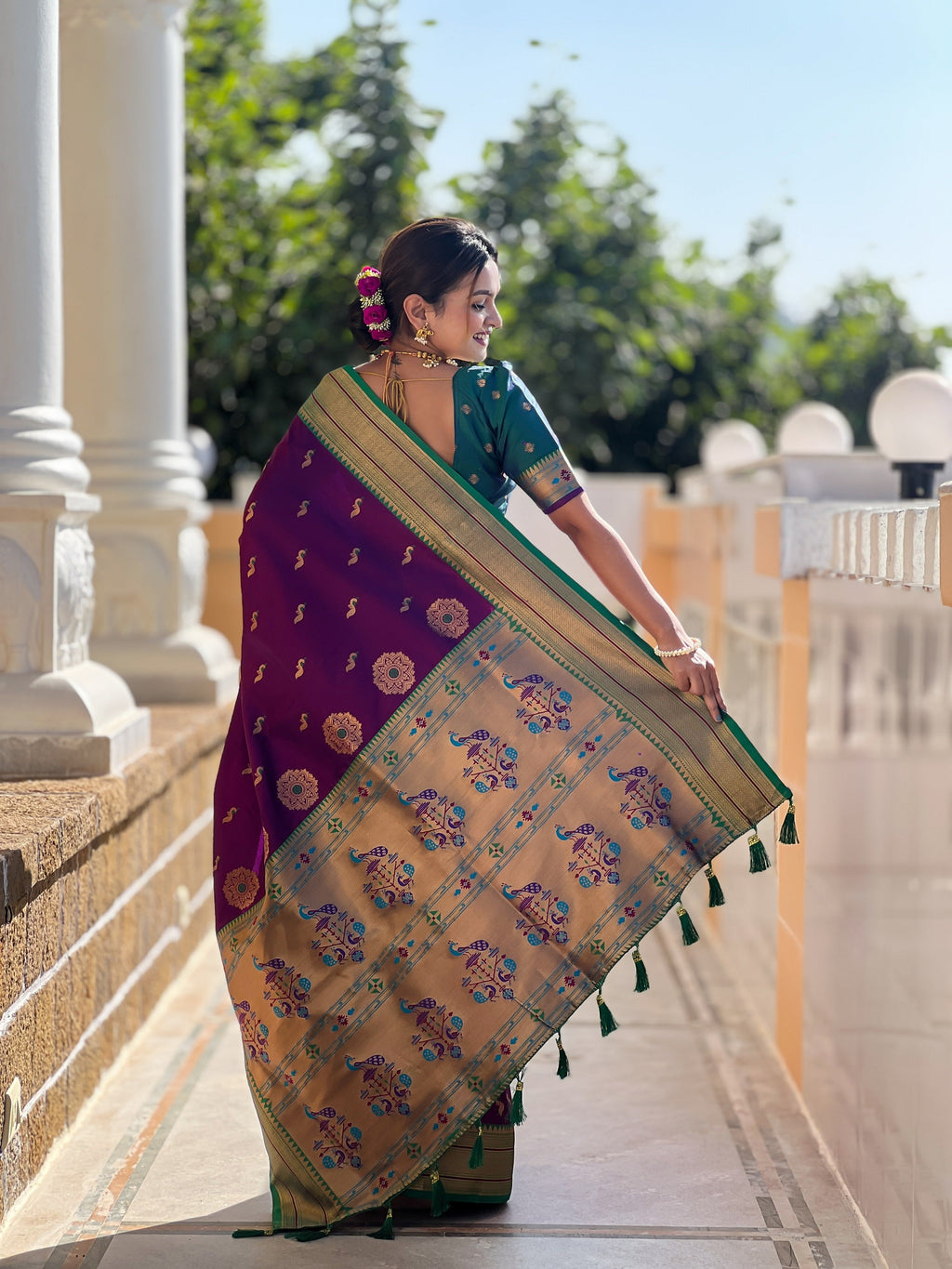 Vedant Vastram Soft Litchi Silk Paithani Jacquard Saree - Wine | Grocsy