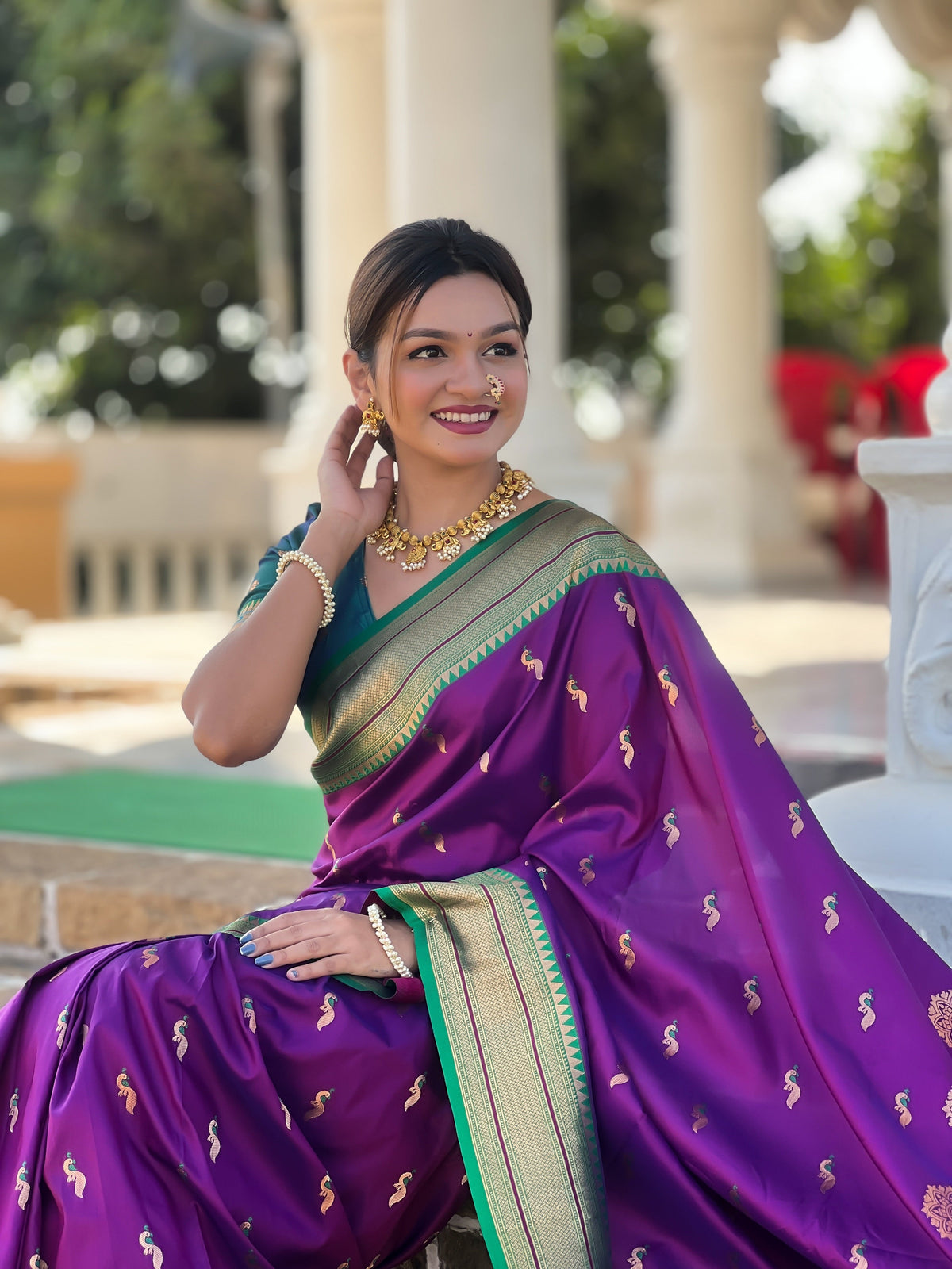 Vedant Vastram Soft Litchi Silk Paithani Jacquard Saree - Wine | Grocsy