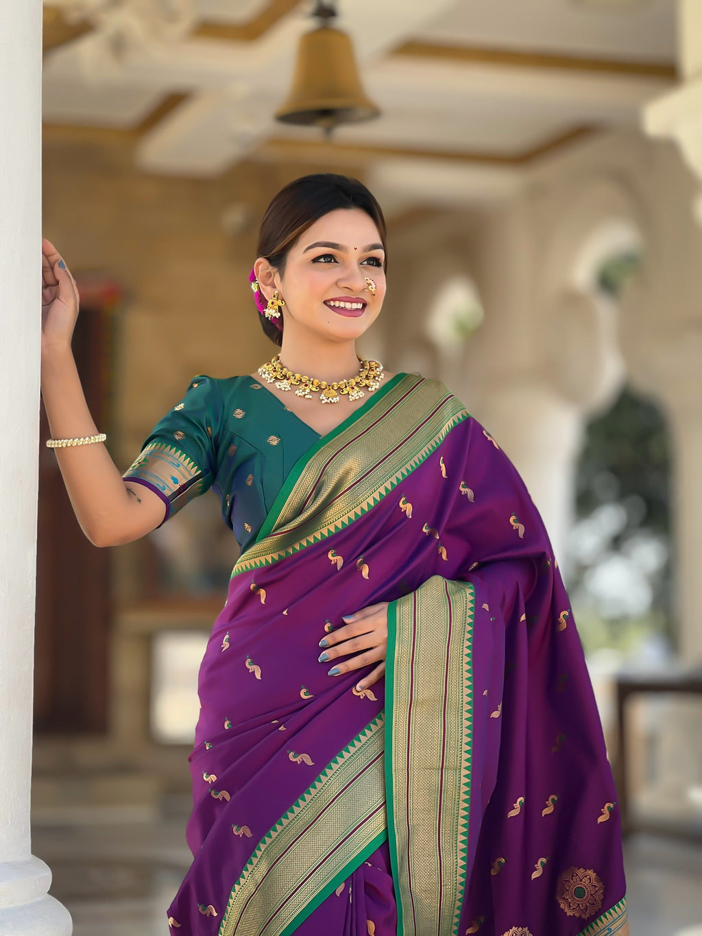 Vedant Vastram Soft Litchi Silk Paithani Jacquard Saree - Wine | Grocsy