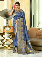 Sangam Prints Navy Blue Assam Silk Woven Work Traditional Saree | Grocsy