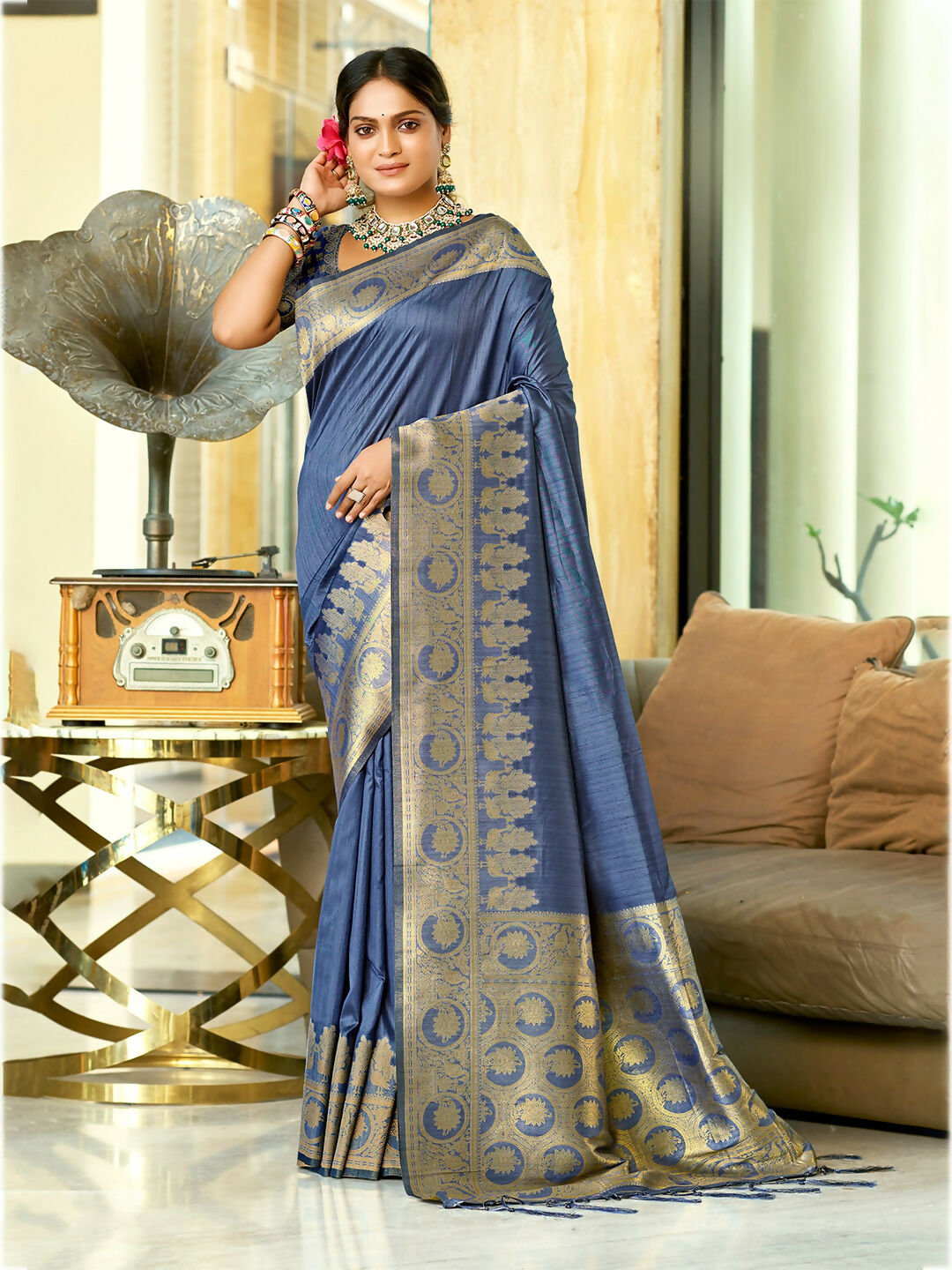 Sangam Prints Navy Blue Assam Silk Woven Work Traditional Saree | Grocsy
