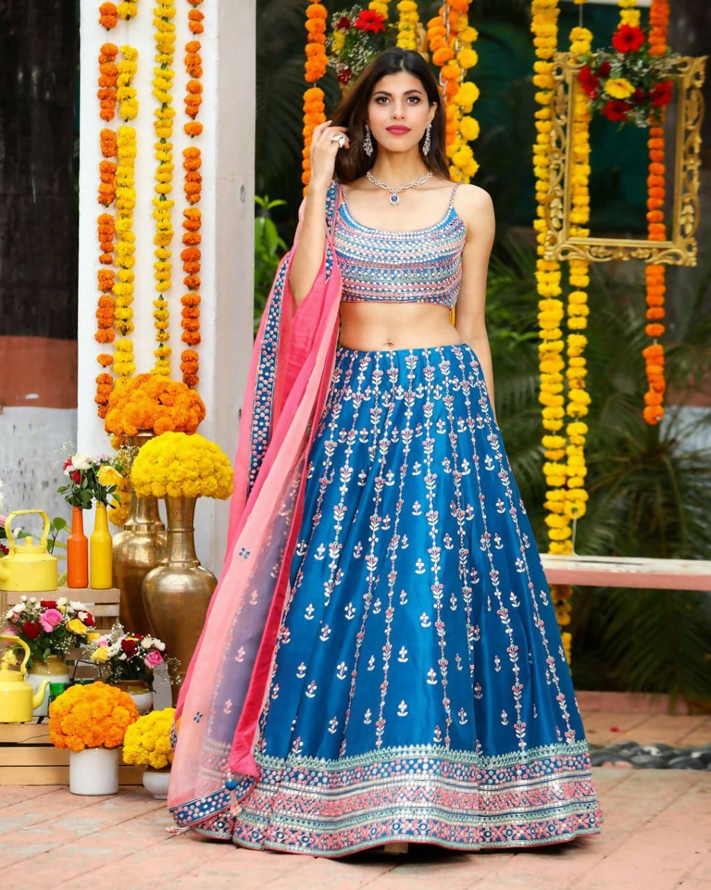 Jyoti Fashion Gorgeous Blue Sequins with Thread & Zari Embroidery Chinon Lehenga Choli with Dupatta | Grocsy